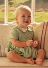 Peter Pan Collar Hand Smocked Short Sleeve Romper in Green (6mths-2yrs) Rompers  from Pepa London US