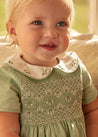 Peter Pan Collar Handsmocked Short Sleeve Romper in Green (6mths-2yrs) Rompers  from Pepa London US