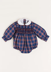 Eaton Check Hand Smocked Romper in Navy (6mths-2yrs) Rompers  from Pepa London US