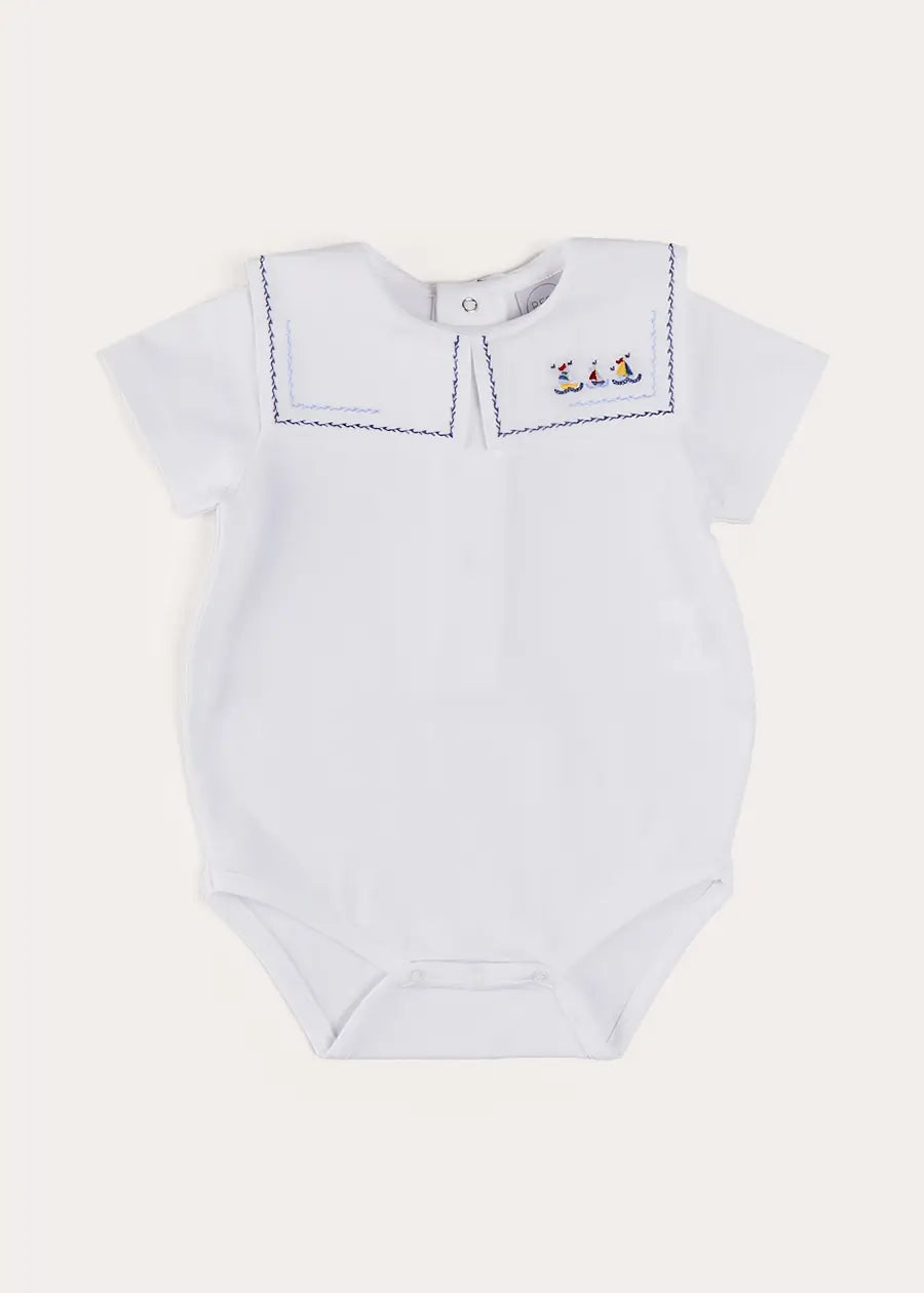 Boat Embroidery Statement Collar Short Sleeve Bodysuit in White (3mths-2yrs) TOPS & BODYSUITS from Pepa London US