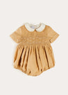 Peter Pan Collar Hand Smocked Short Sleeve Romper in Camel (6mths-2yrs) ROMPERS from Pepa London US