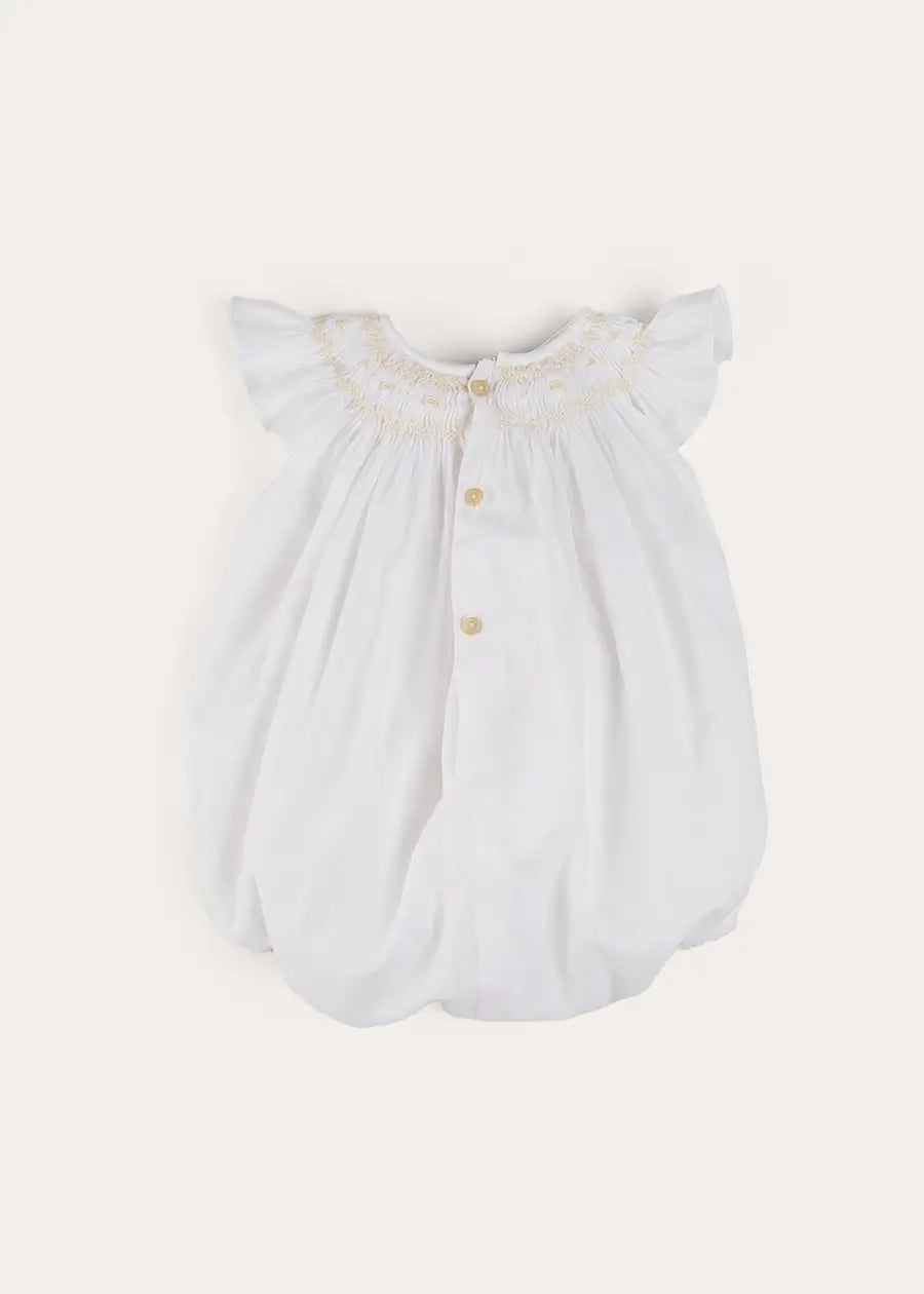 Hand Smocked Sleeveless Romper in White (3-18mths) ROMPERS from Pepa London US