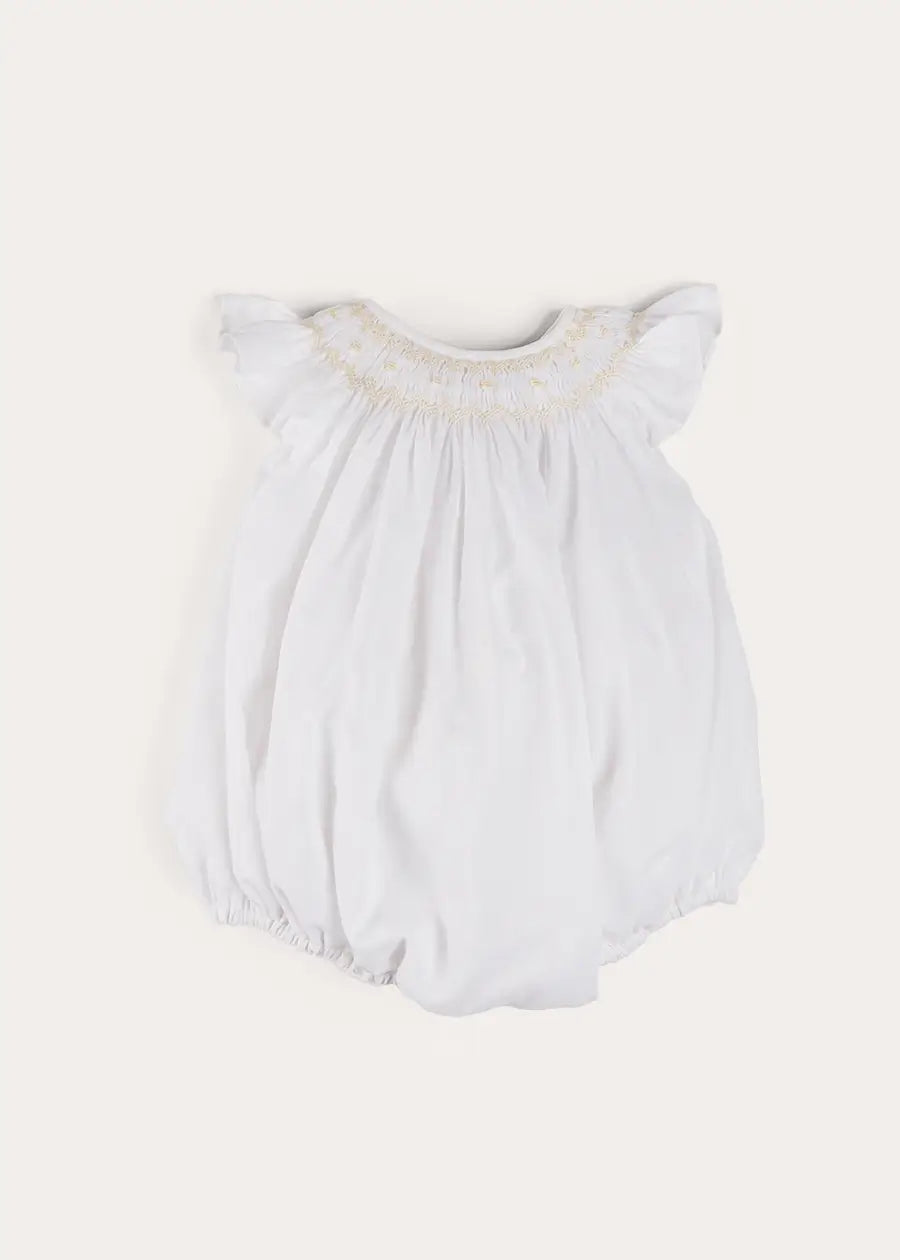 Hand Smocked Sleeveless Romper in White (3-18mths) ROMPERS from Pepa London US