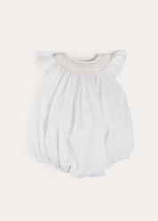 Hand Smocked Sleeveless Romper in White (3-18mths) ROMPERS from Pepa London US