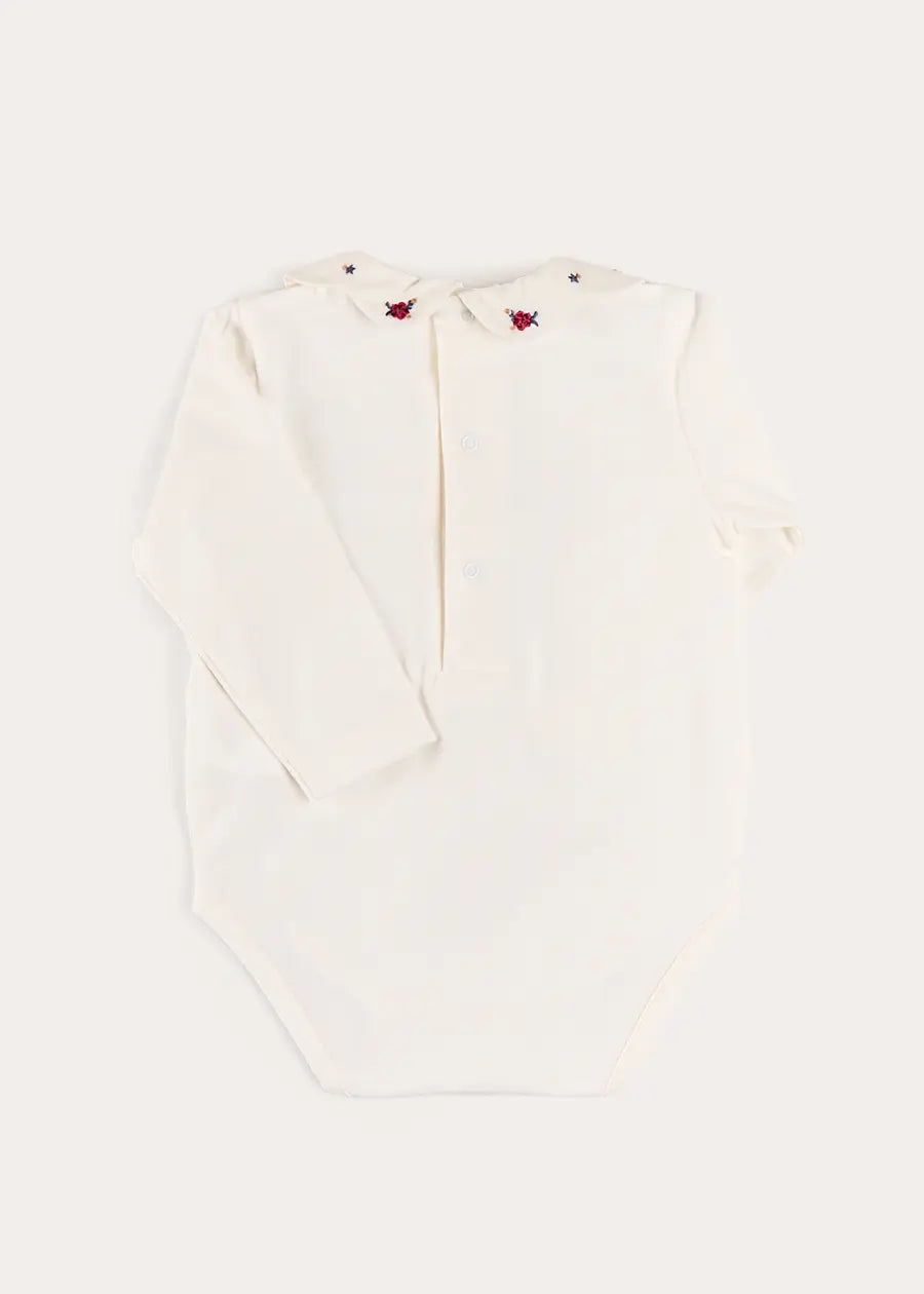 Flower Embroidered Collar Long Sleeve Bodysuit in Red (1mth-3yrs) Tops & Bodysuits from Pepa London US