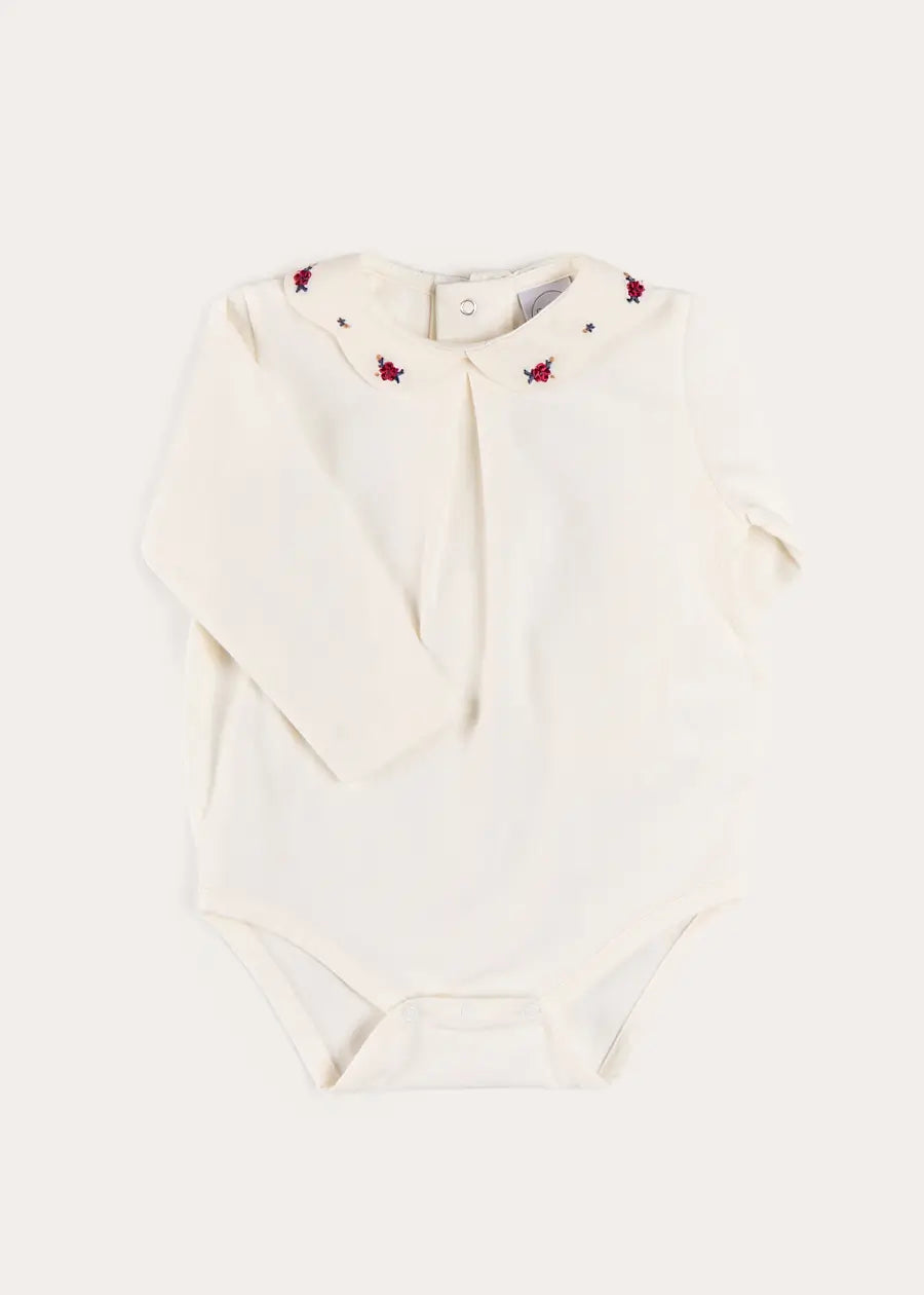 Flower Embroidered Collar Long Sleeve Bodysuit in Red (1mth-3yrs) Tops & Bodysuits from Pepa London US