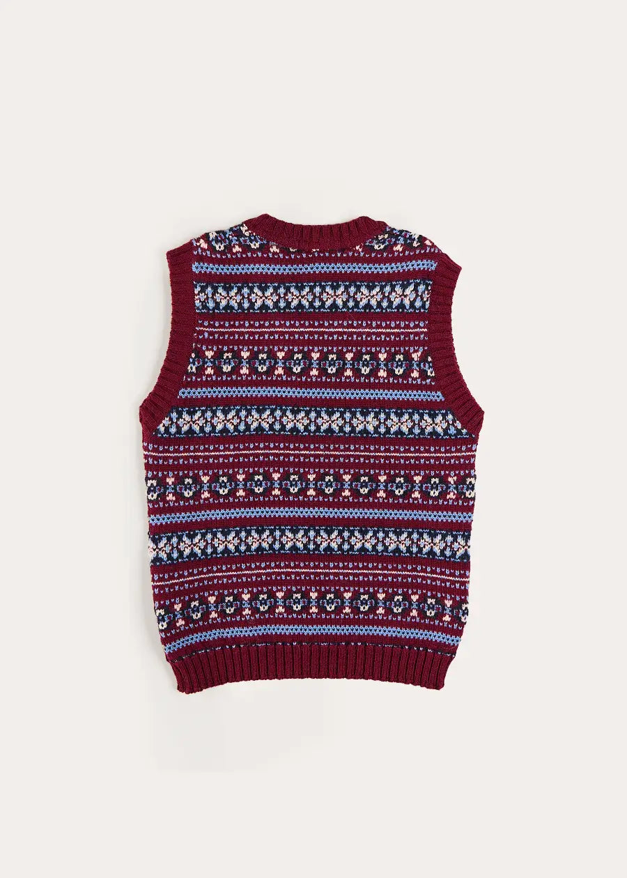 Jacquard Knit Sweater Vest in Burgundy (4-10yrs) Knitwear from Pepa London US