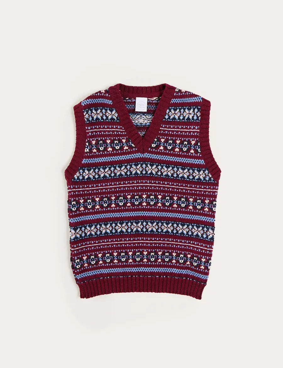 Jacquard Knit Sweater Vest in Burgundy (4-10yrs) Knitwear from Pepa London US
