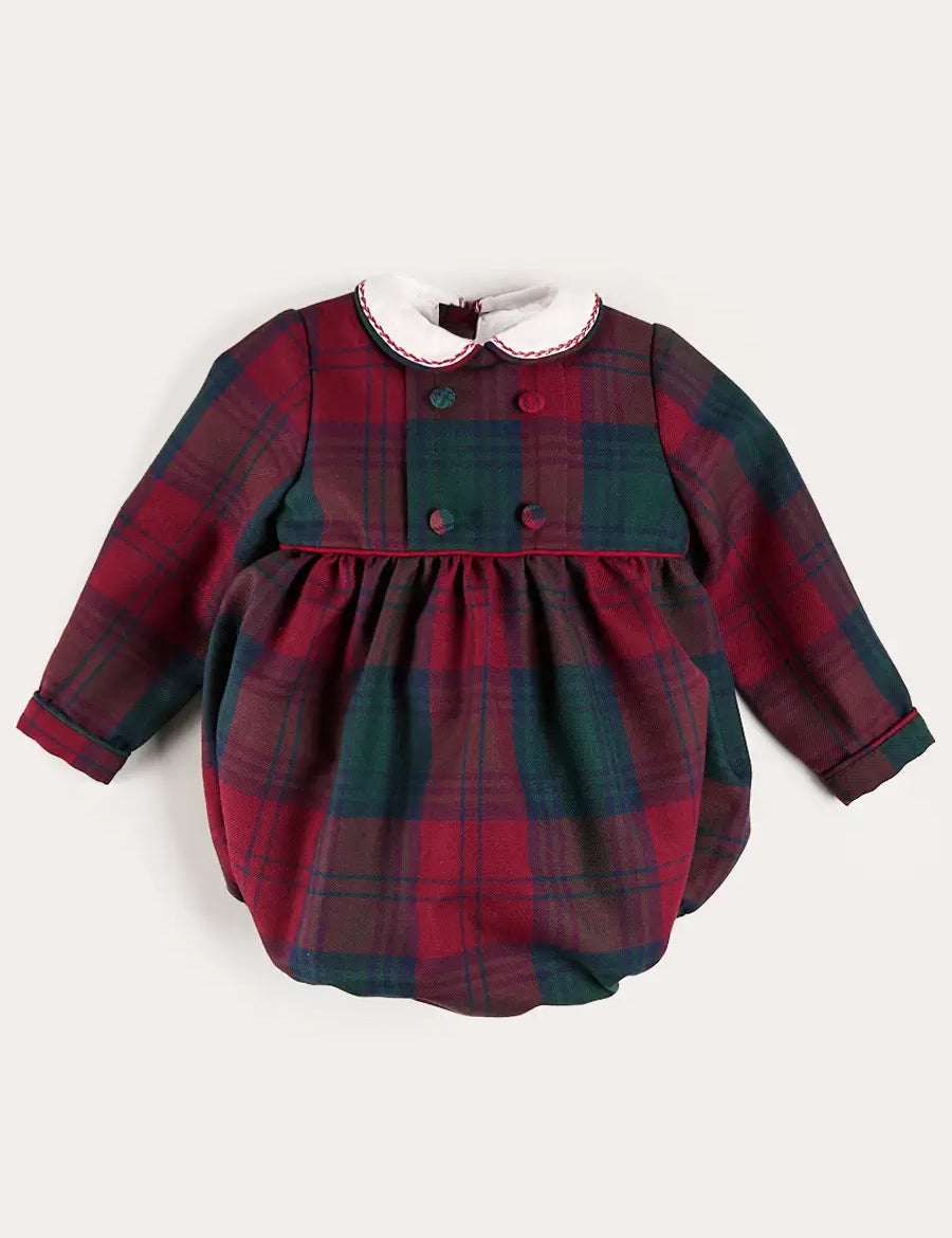 Grosvenor Tartan Peter Pan Collar Long Sleeve Romper in Red (6mths-3yrs) Rompers from Pepa London US