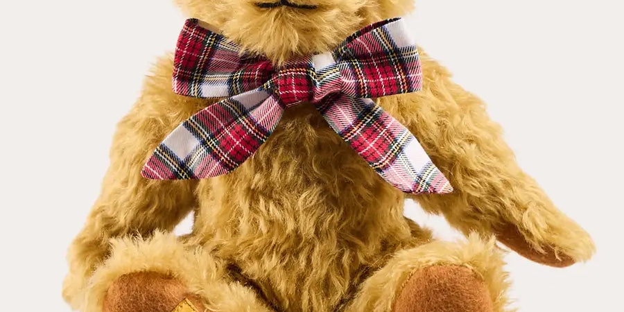 Limited Edition Merrythought & Pepa Teddy Bear with Grosvenor Tartan Bow in Red (S-M) Toys from Pepa London US
