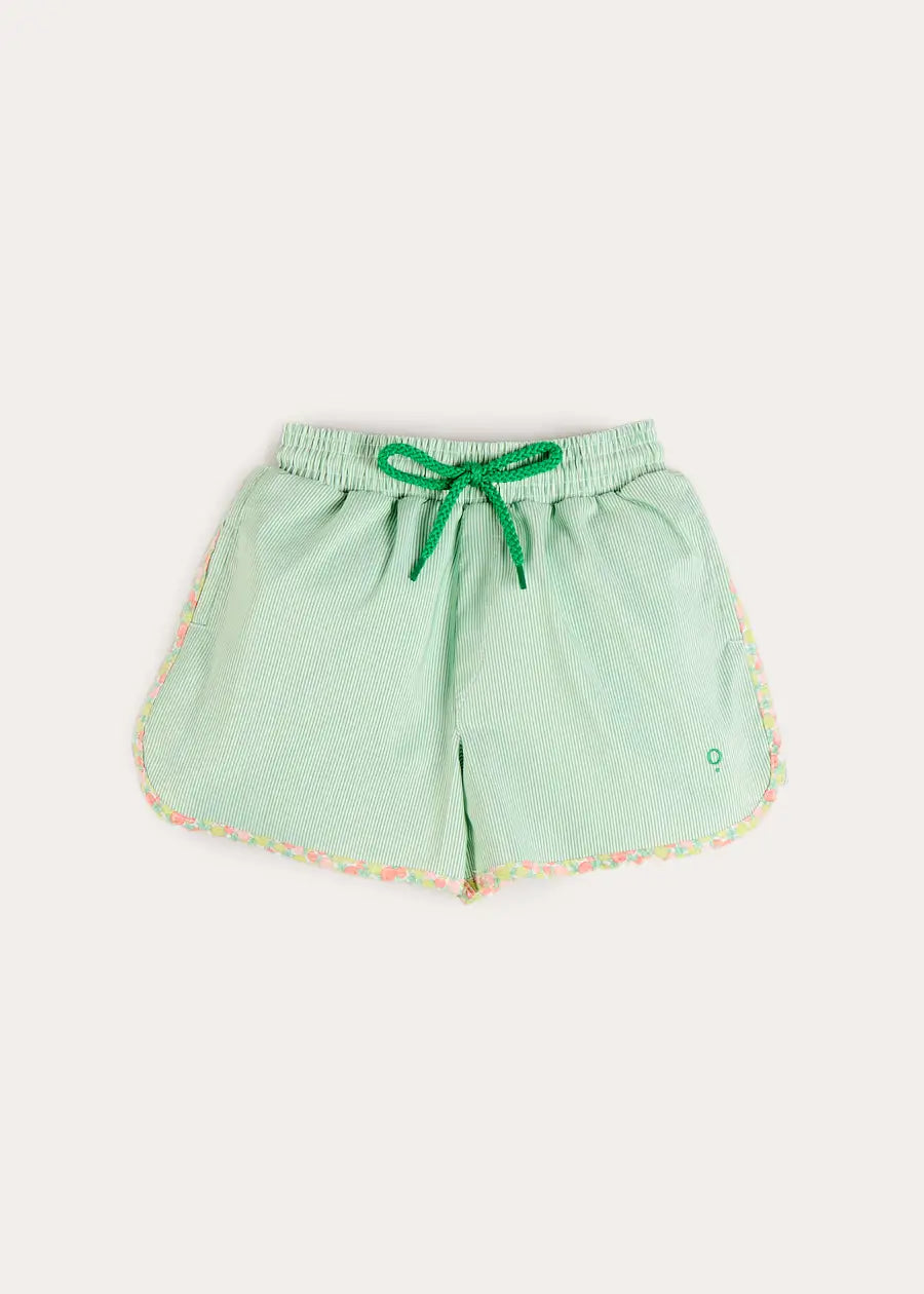 Striped Annie Apple Trim Detail Swim Shorts in Green (12mths- 10yrs) Swimwear from Pepa London US