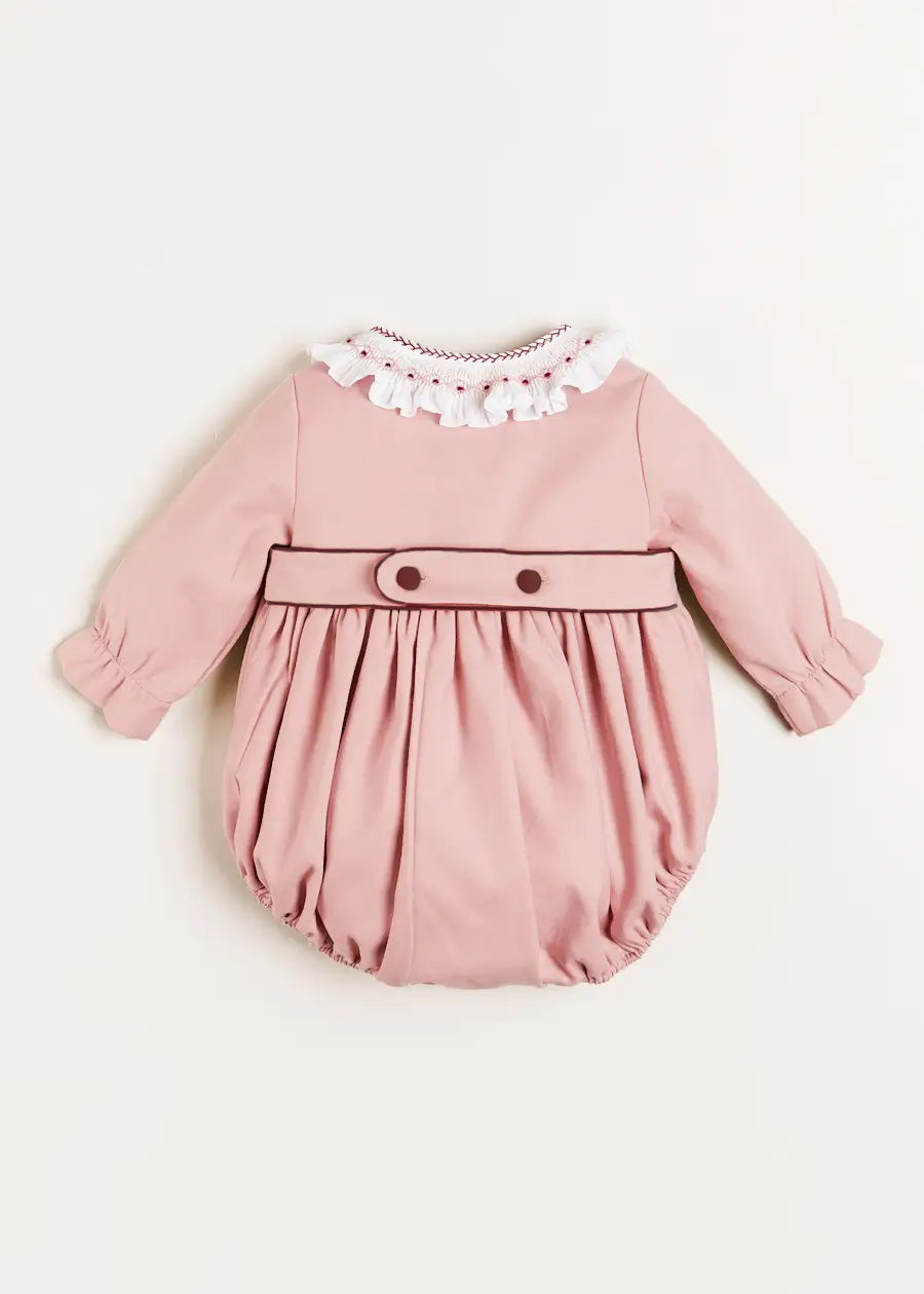 Hand Smocked Double Breasted Long Sleeve Romper in Pink (6mths-2yrs) Rompers from Pepa London US