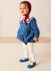 Moreton Check Mariner Collar Long Sleeve Romper in Blue (6mths-2yrs) Rompers from Pepa London US