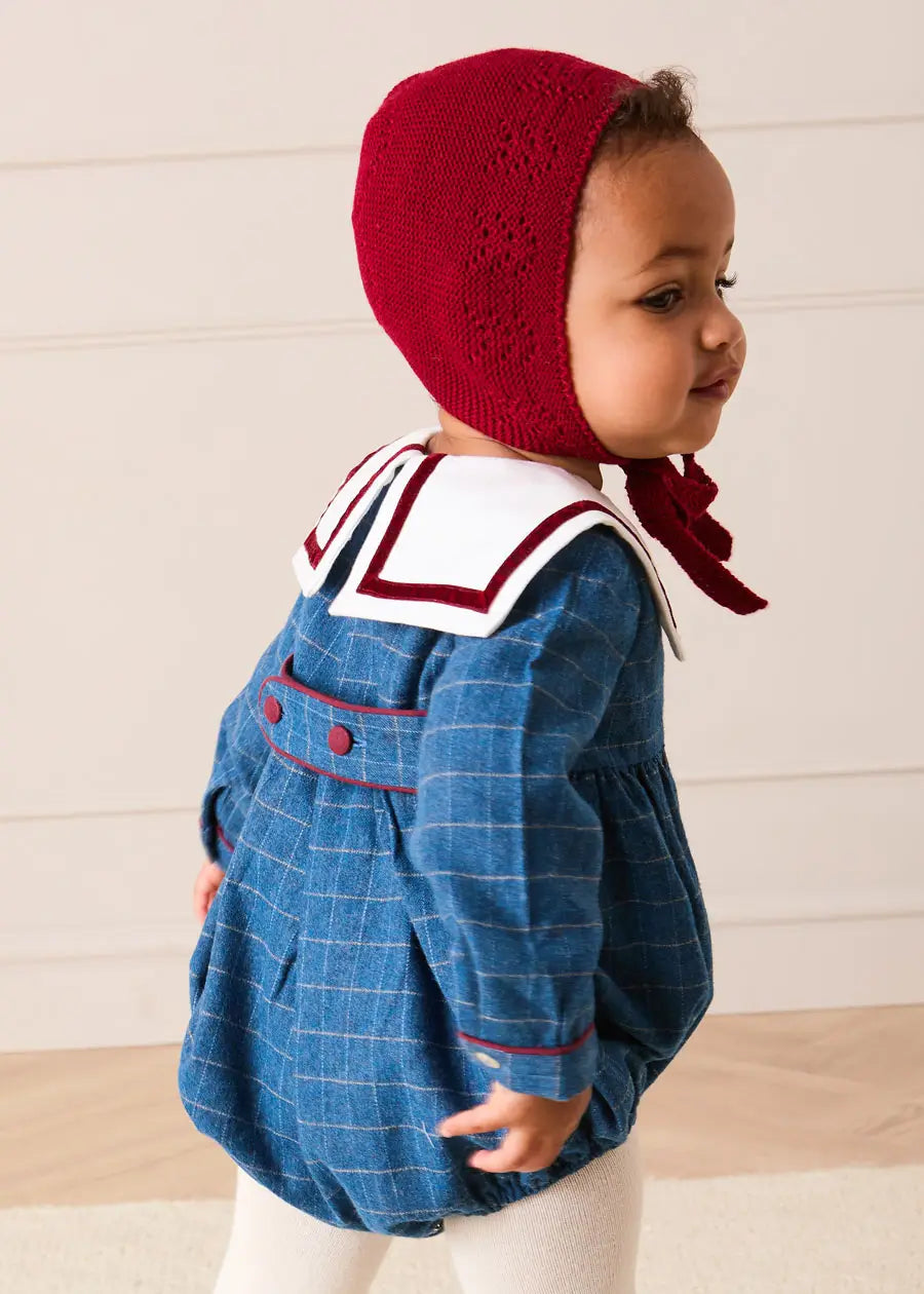 Moreton Check Mariner Collar Long Sleeve Romper in Blue (6mths-2yrs) Rompers from Pepa London US