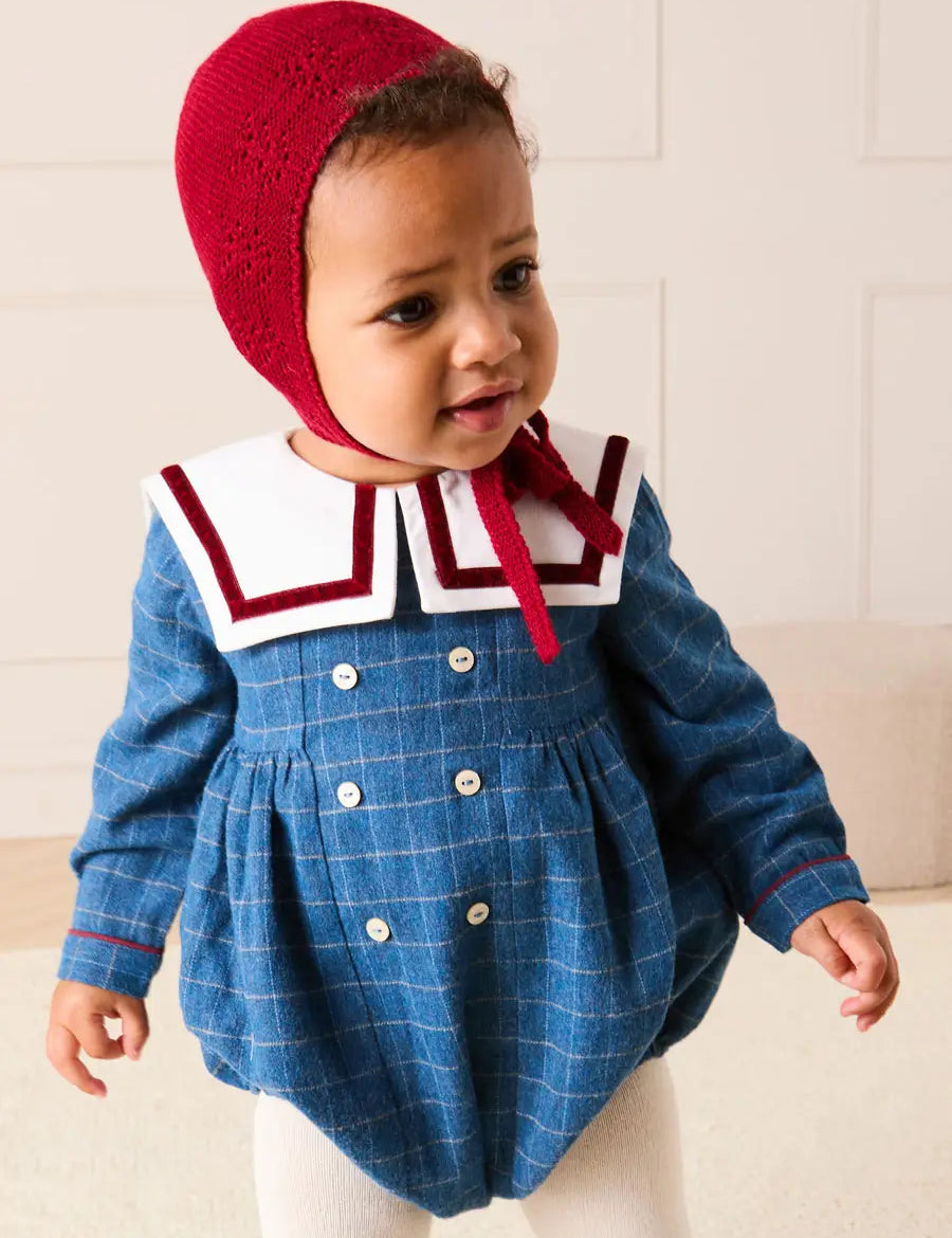 Moreton Check Mariner Collar Long Sleeve Romper in Blue (6mths-2yrs) Rompers from Pepa London US
