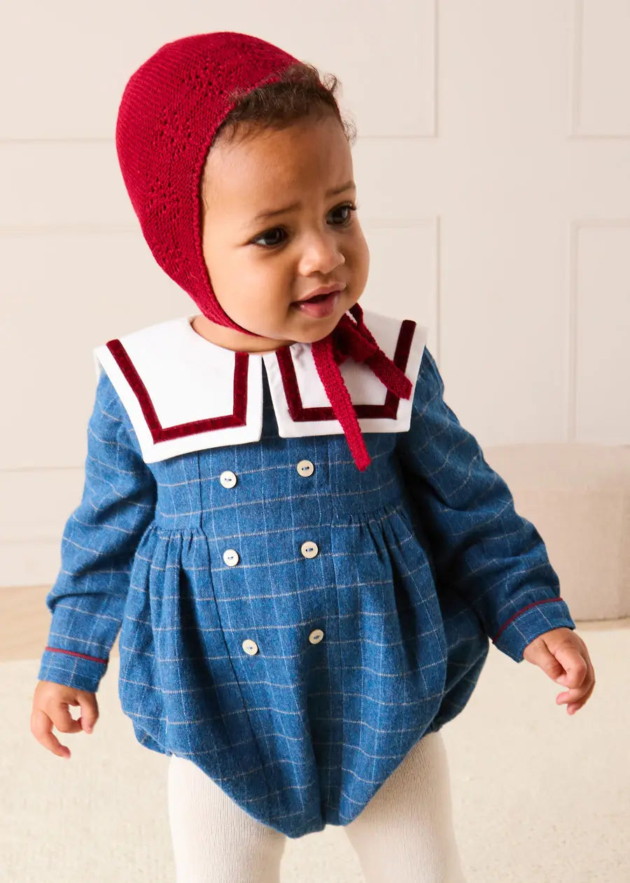 Moreton Check Mariner Collar Long Sleeve Romper in Blue (6mths-2yrs) Rompers from Pepa London US
