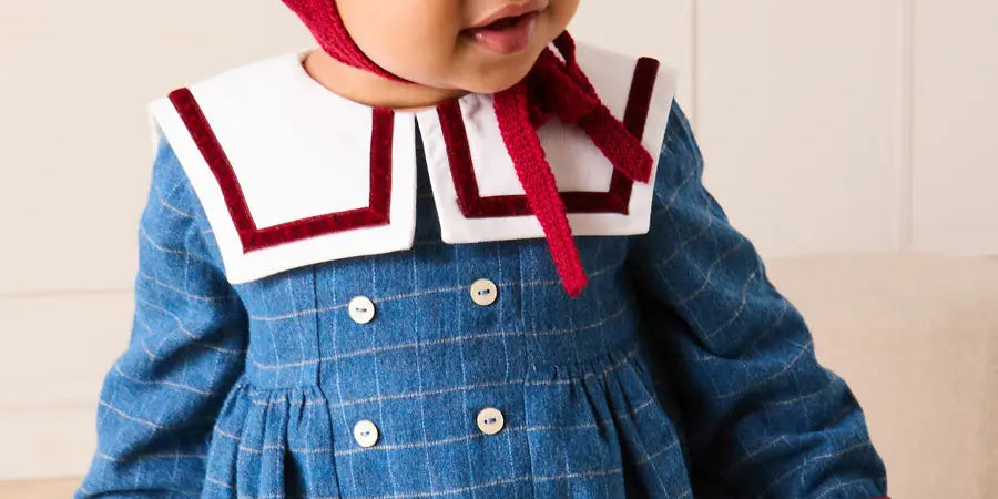 Moreton Check Mariner Collar Long Sleeve Romper in Blue (6mths-2yrs) Rompers from Pepa London US