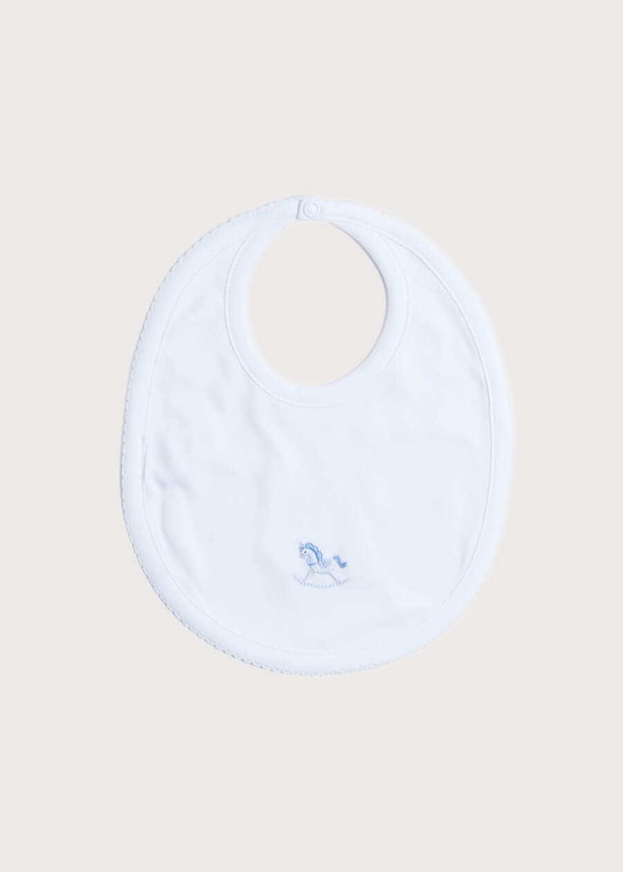 White Bib with Blue Embroidered Rocking Horse ACCESSORIES from Pepa London