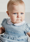 Hand Smocked Peter Pan Collar Short Sleeve Romper in Blue (3-18mths) Rompers from Pepa London US