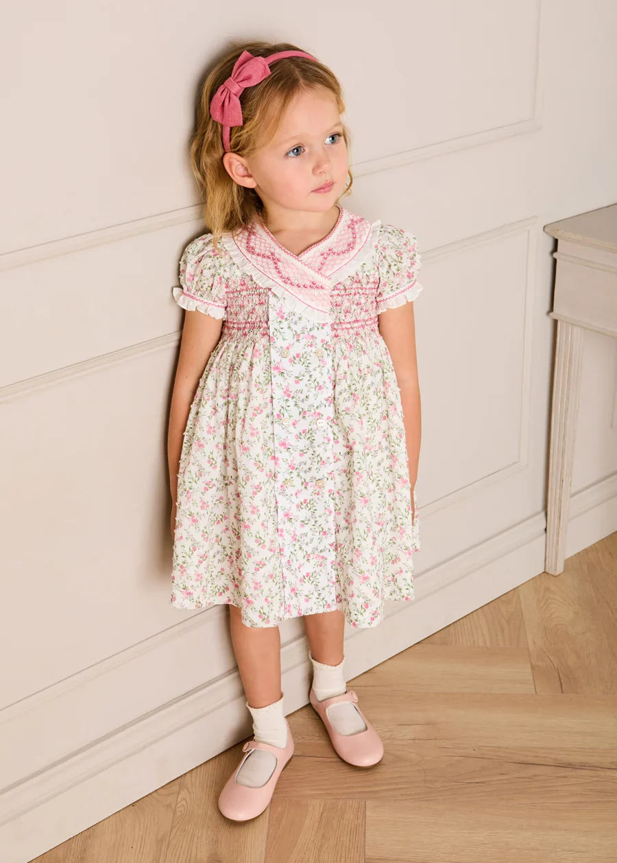 Alice Floral Double Breasted Hand Smocked Dress in Pink (12mths- 10yrs) Dresses from Pepa London US