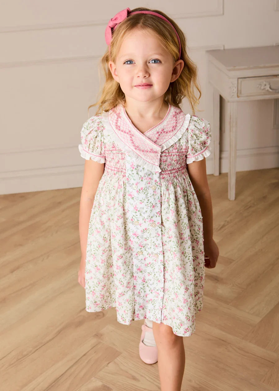Alice Floral Double Breasted Hand Smocked Dress in Pink (12mths- 10yrs) Dresses from Pepa London US