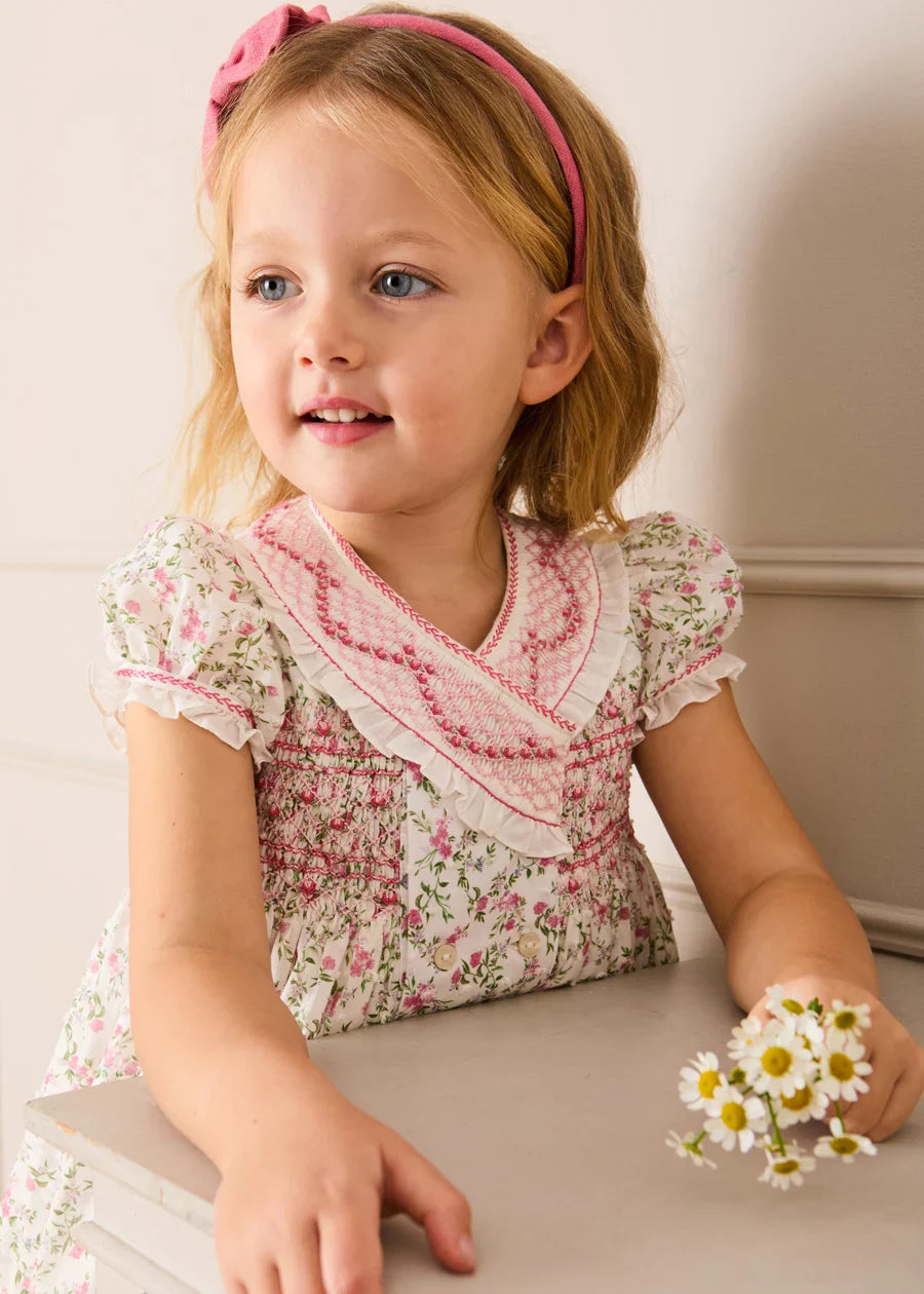 Alice Floral Double Breasted Hand Smocked Dress in Pink (12mths- 10yrs) Dresses from Pepa London US