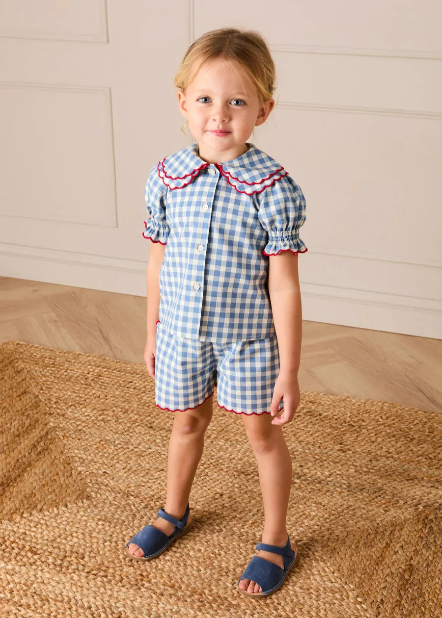 Darby Gingham Scallop Layered Collar Short Sleeve Blouse in Blue (18mths-12yrs) Blouses from Pepa London US