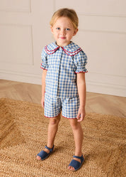 Darby Gingham Scallop Layered Collar Short Sleeve Blouse in Blue (18mths-12yrs) Blouses from Pepa London US