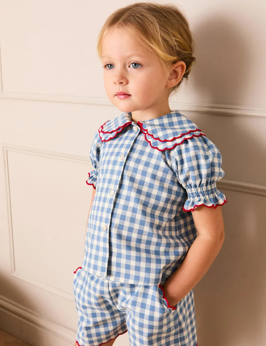 Darby Gingham Scallop Layered Collar Short Sleeve Blouse in Blue (18mths-12yrs) BLOUSES from Pepa London US
