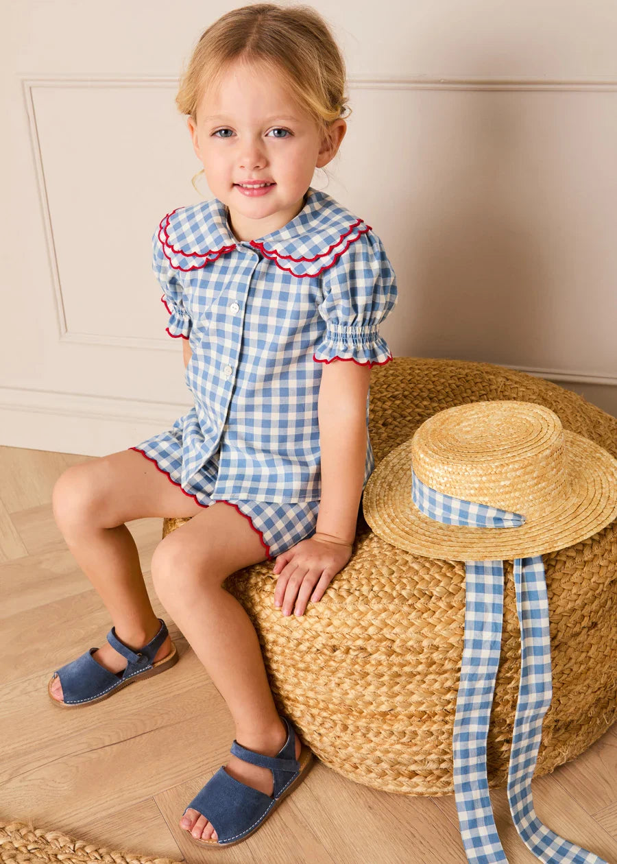 Darby Gingham Scallop Layered Collar Short Sleeve Blouse in Blue (18mths-12yrs) Blouses from Pepa London US