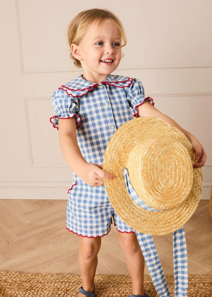 Darby Gingham Scallop Layered Collar Short Sleeve Blouse in Blue (18mths-12yrs) Blouses from Pepa London US
