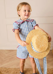 Victoria Gingham Straw Boater Hat in Blue (M-L) Accessories from Pepa London US
