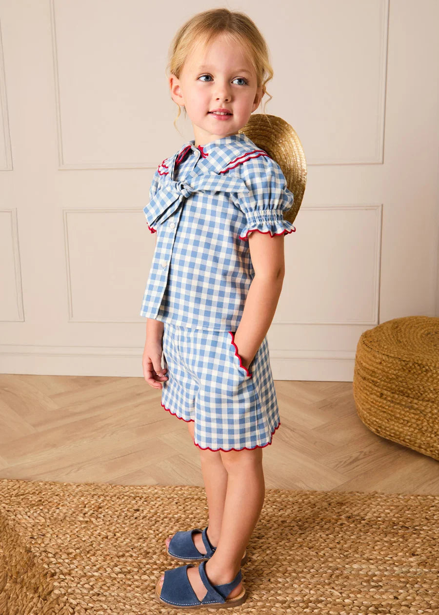 Darby Gingham Scallop Layered Collar Short Sleeve Blouse in Blue (18mths-12yrs) Blouses from Pepa London US