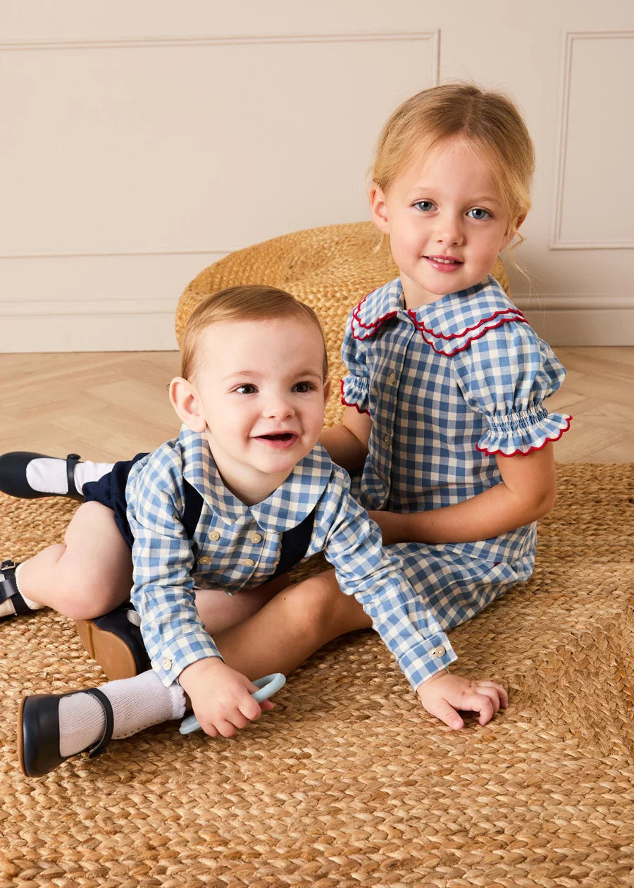 Darby Gingham Scallop Layered Collar Short Sleeve Blouse in Blue (18mths-12yrs) Blouses from Pepa London US