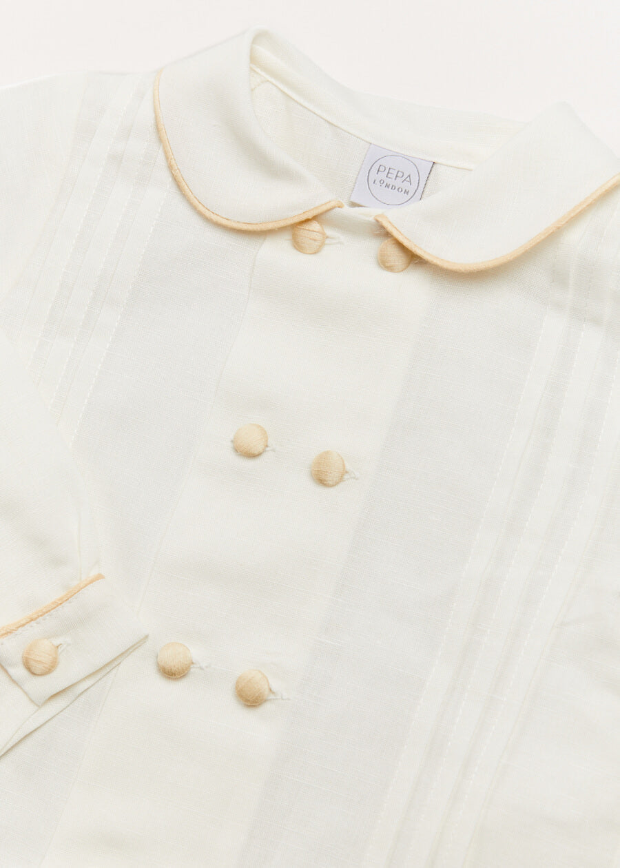 Double-Breasted Peter Pan Collar Long Sleeve Shirt with Beige Silk Piping (18mths-10yrs) Shirts from Pepa London US