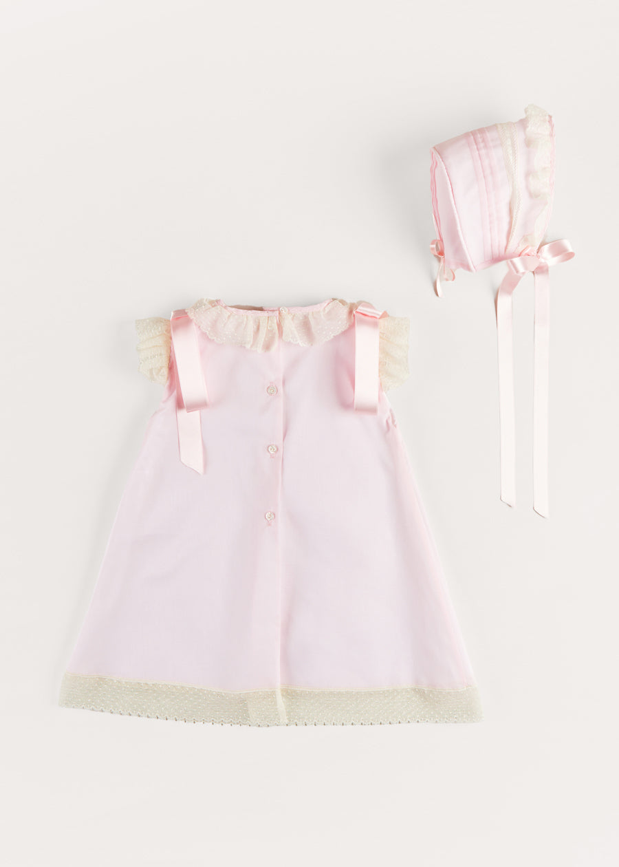 Bespoke Organic Cotton Christening Dress and Bonnet in Light Pink Made to order  from Pepa London US