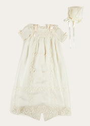Bespoke Organza Silk Christening Gown With Antique Lace and Bonnet Made to order  from Pepa London US
