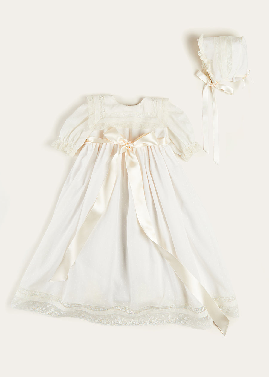 Bespoke Traditional Christening Gown with Front Satin Sash and Bonnet Made to order  from Pepa London US